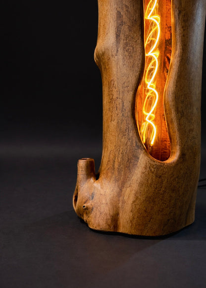 Lesena svetilka z žarečo notranjostjo na temnem ozadju